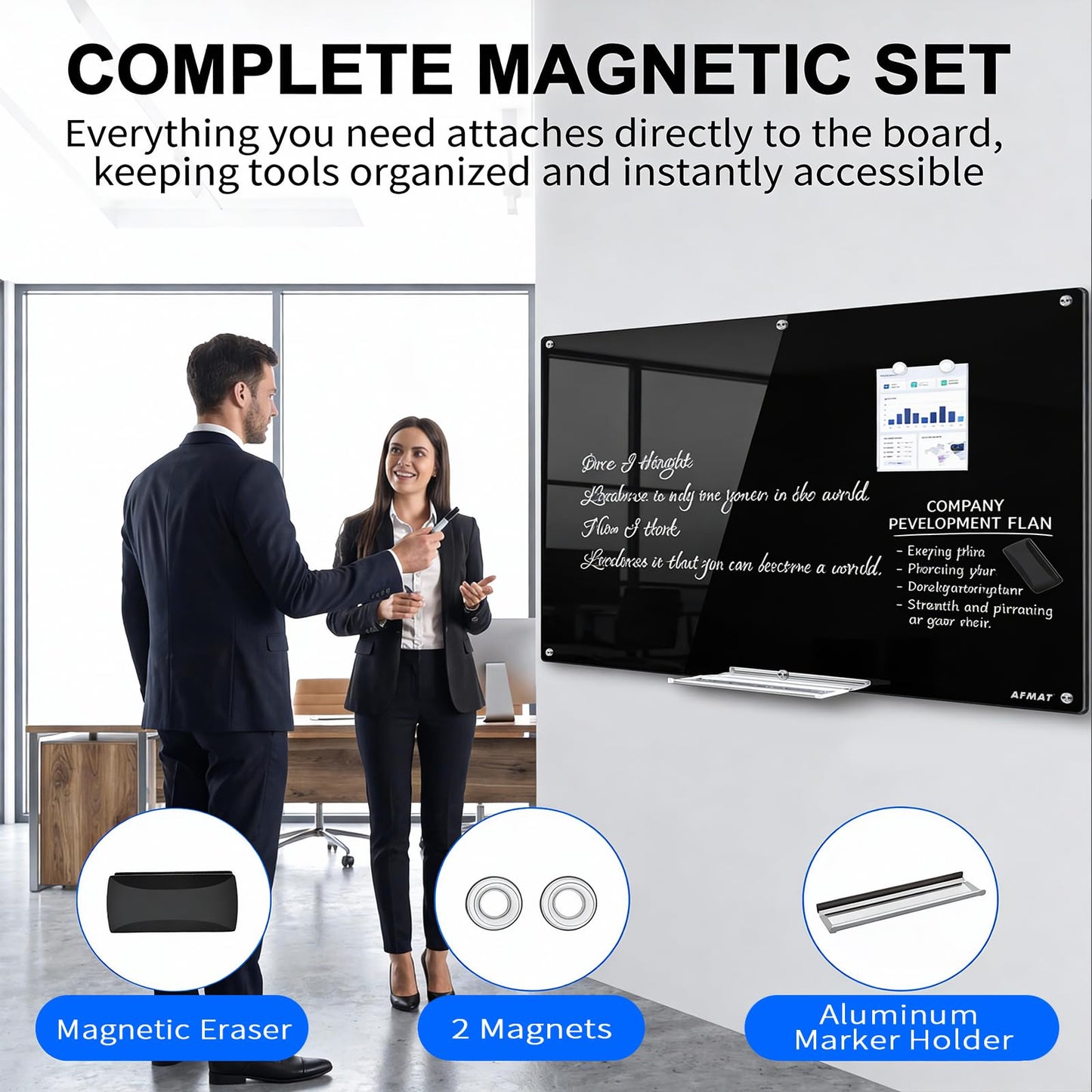 AFMAT Magnetic Glass Whiteboard, 96" x 48" Glass Dry Erase Board,GB04BK4