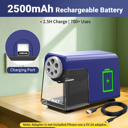 AFMAT 6-Hole Electric Pencil Sharpener Heavy Duty, Auto Stop Classroom Pencil Sharpener for 6-11mm Pencils, Rechargeable Pencil Sharpeners for School, 10,000+ Sharpenings, Save Pencils, Model:PSD1(Purple)