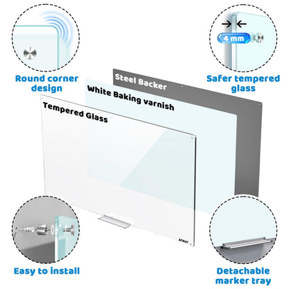 AFMAT Magnetic Glass Dry Erase Board, 72" x 48" Glass Wall Mounted Whiteboard, 4mm Tempered Glass w/Strong Magnetic Surface, Large Frameless White Board for Office Home School