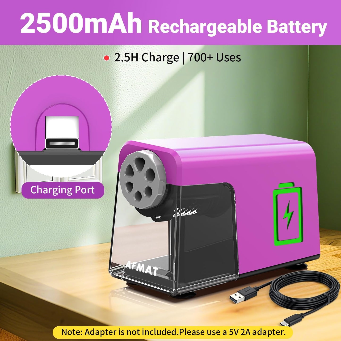 AFMAT 6-Hole Electric Pencil Sharpener Heavy Duty, Auto Stop Classroom Pencil Sharpener for 6-11mm Pencils, Rechargeable Pencil Sharpeners for School, 10,000+ Sharpenings, Save Pencils, Model:PSD1(Purple)