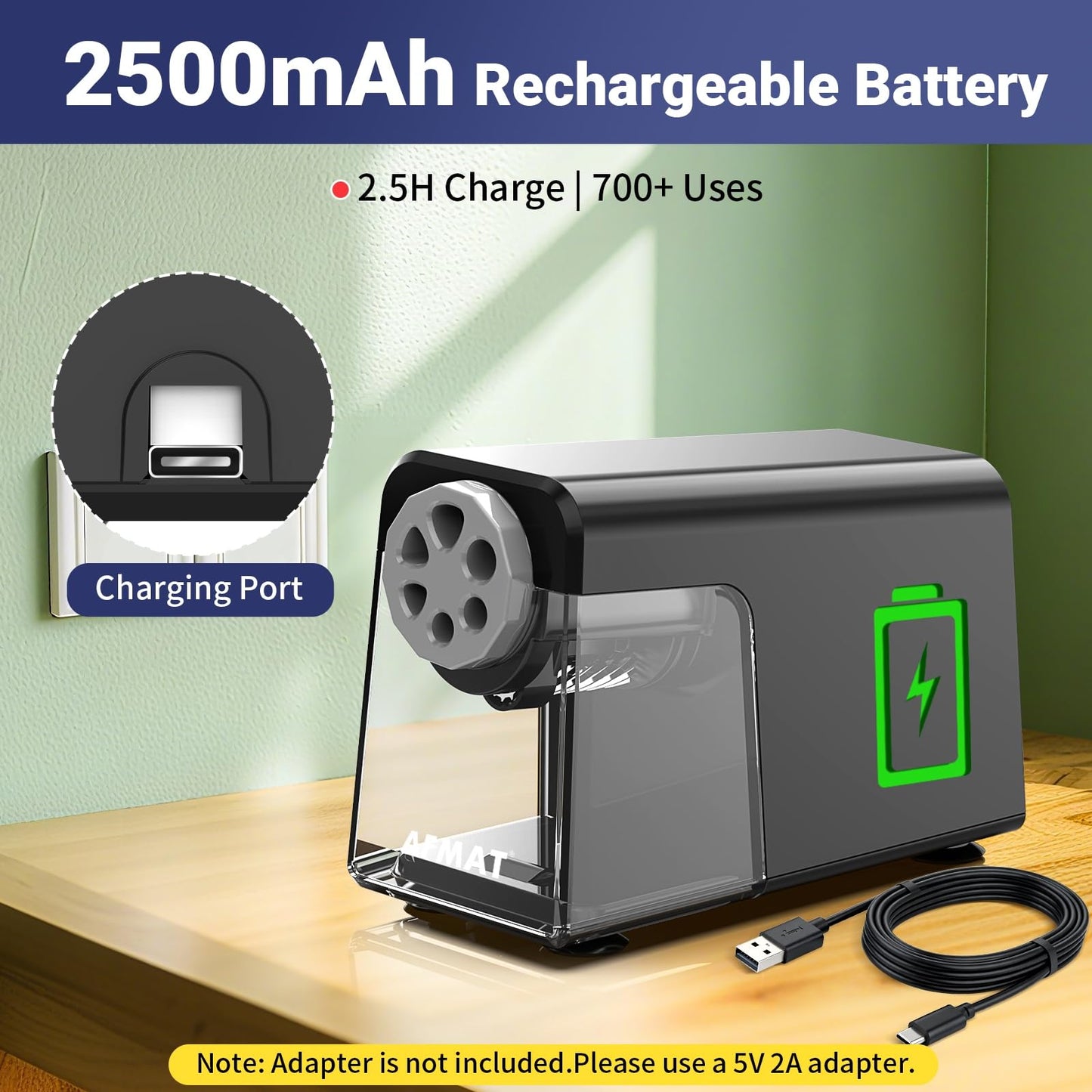AFMAT 6-Hole Electric Pencil Sharpener Heavy Duty, Auto Stop Classroom Pencil Sharpener for 6-11mm Pencils, Rechargeable Pencil Sharpeners for School, 10,000+ Sharpenings, Save Pencils, Model:PSD1(Purple)