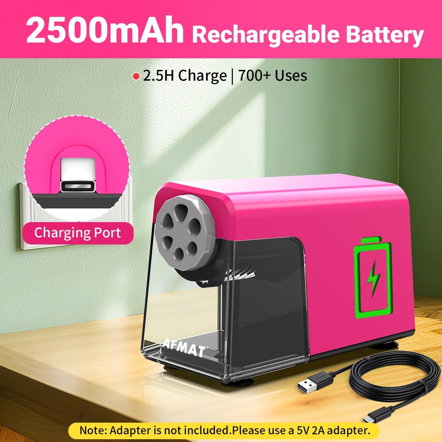 AFMAT 6-Hole Electric Pencil Sharpener Heavy Duty, Auto Stop Classroom Pencil Sharpener for 6-11mm Pencils, Rechargeable Pencil Sharpeners for School, 10,000+ Sharpenings, Save Pencils, Model:PSD1(Purple)