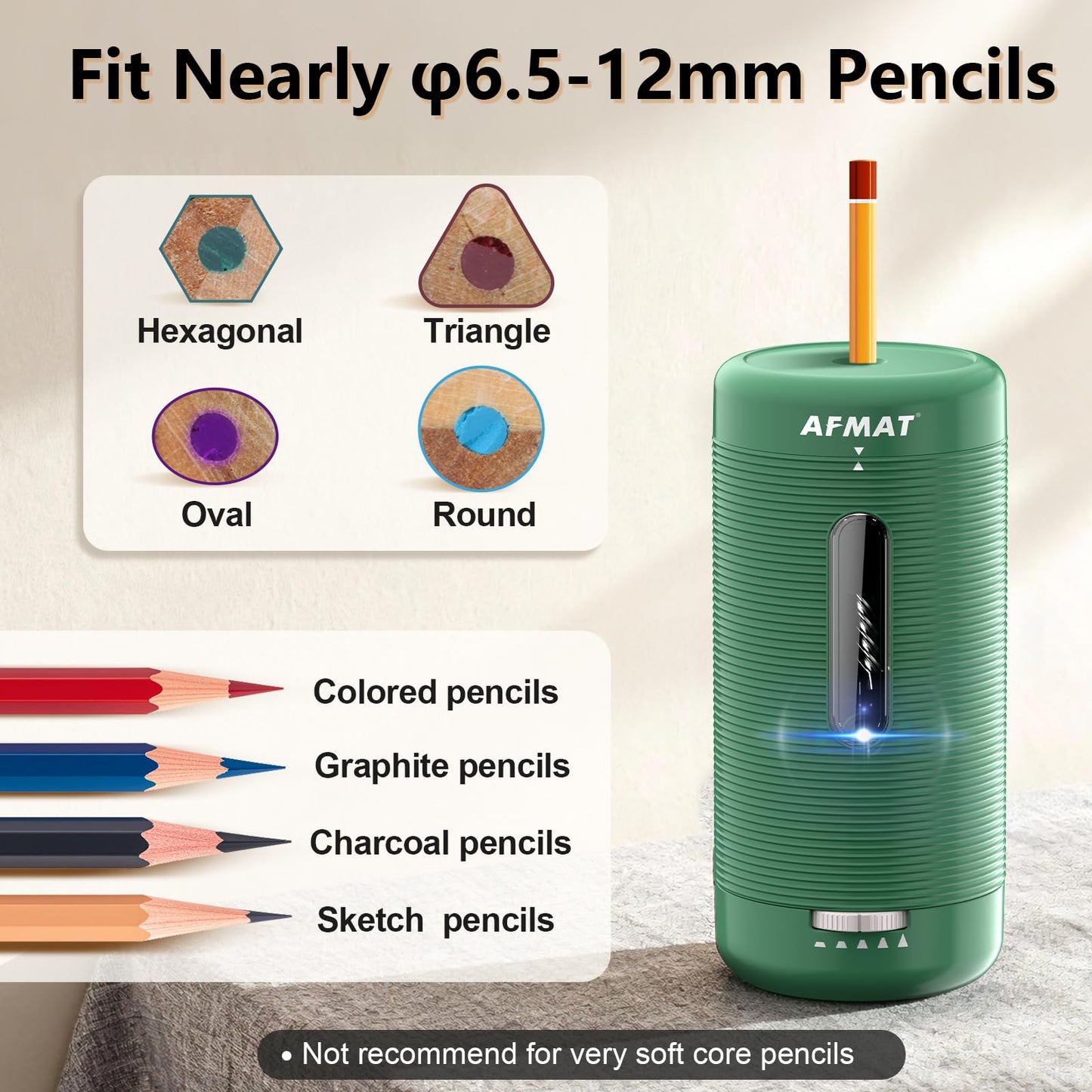 AFMAT PSC2 Electric Fully Automatic Pencil Sharpener, Auto in & Out, Rechargeable Hands-Free Sharpeners for Jumbo & Colored Pencils (6.5-12mm)