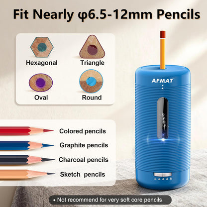 AFMAT PSC2 6.5-12mm Super Durable Fully Automatic Pencil Sharpener,2x more durable blade,for Jumbo & Colored Pencils (6.5-12mm),PSC2BS