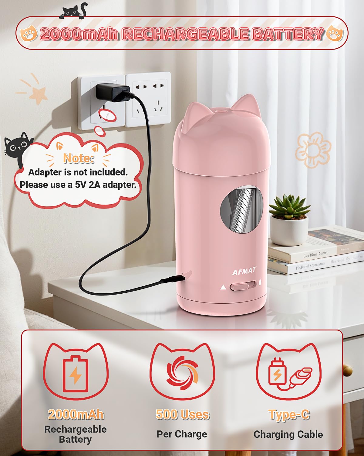 AFMAT PSX9 Cute Cat Electric Fully Automatic Pencil Sharpener for Kids,PSX9PR