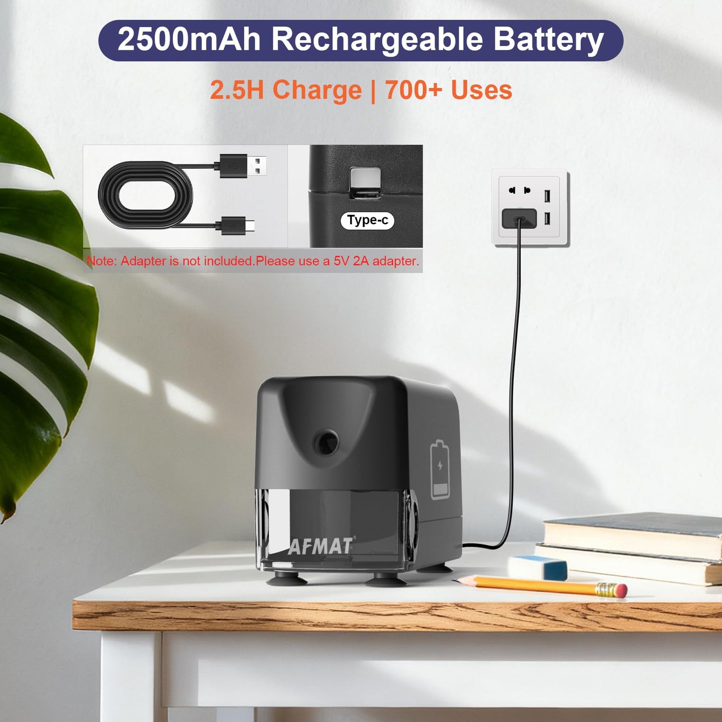 AFMAT PSD3 Super Durable Rechargeable Heavy Duty Electric Pencil Sharpener for 6-10.8mm Pencils,Upgraded Durable Blades 10,000 Sharpenings,PSD3BK