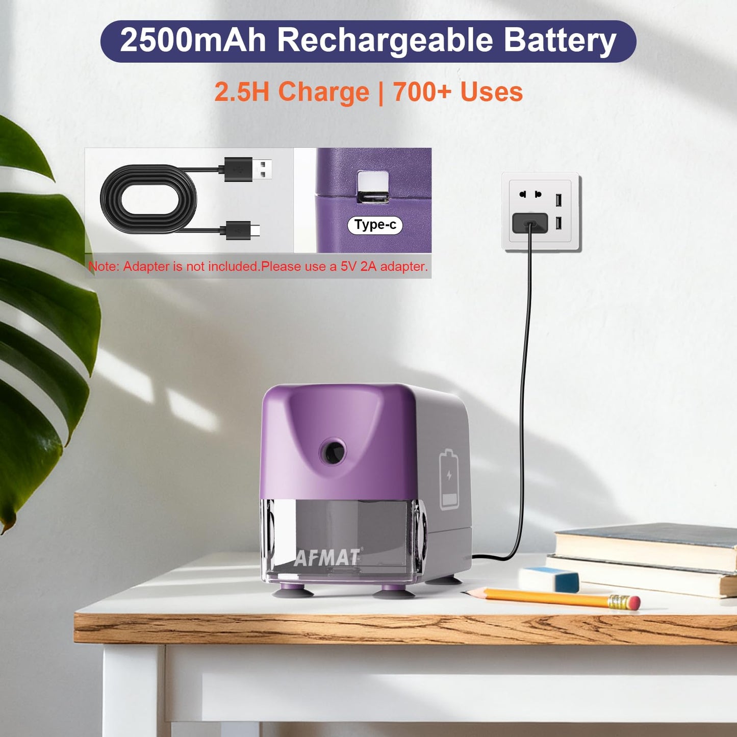 AFMAT PSD3 Super Durable Rechargeable Heavy Duty Electric Pencil Sharpener for 6-10.8mm Pencils,Upgraded Durable Blades 10,000 Sharpenings,PSD3BK