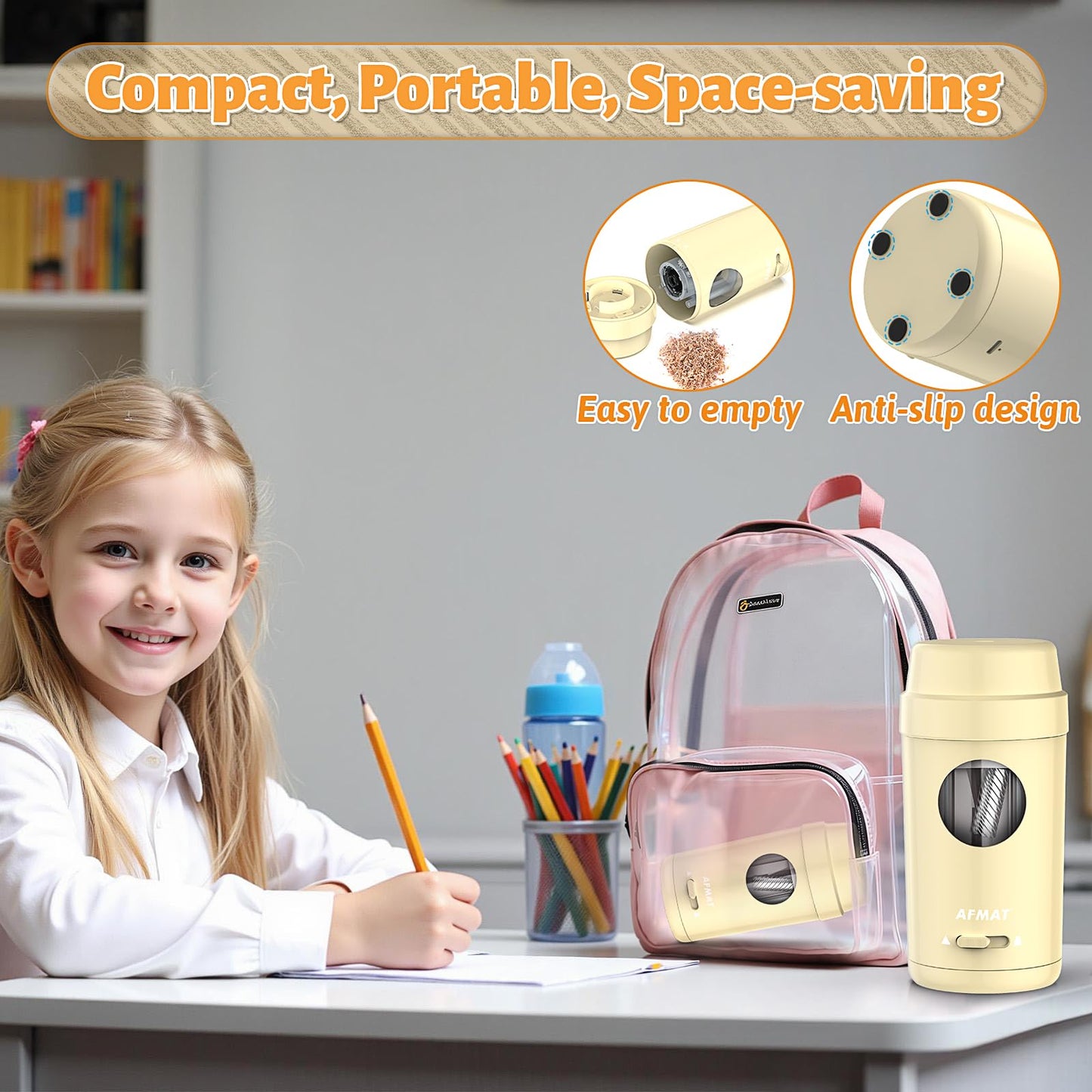 AFMAT Electric Pencil Sharpener, Auto in & Out, Fully Automatic Pencil Sharpener for Colored Pencils, Rechargeable Hands-Free Sharpeners for φ7-8mm Pencils, Good for Classroom/Home PSX8(Black)