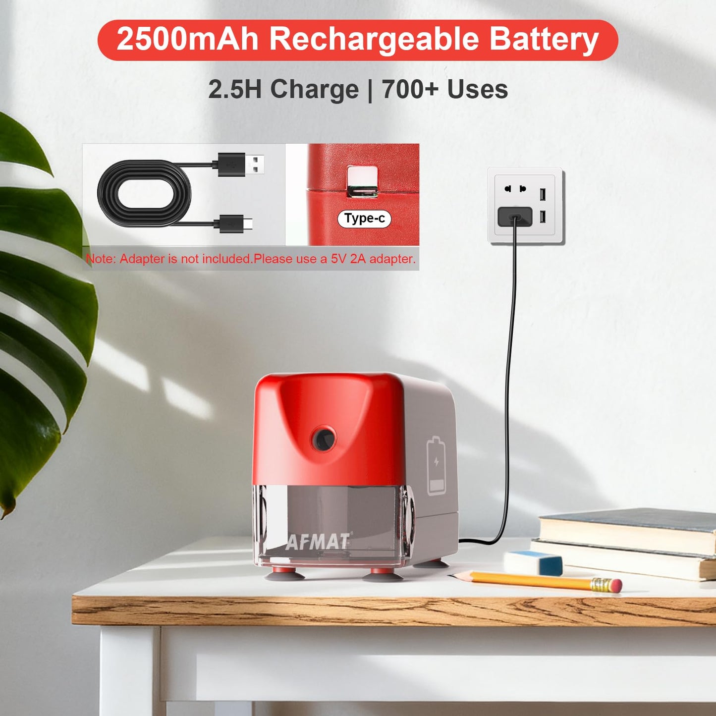 AFMAT PSD3 Super Durable Rechargeable Heavy Duty Electric Pencil Sharpener for 6-10.8mm Pencils,Upgraded Durable Blades 10,000 Sharpenings,PSD3BK