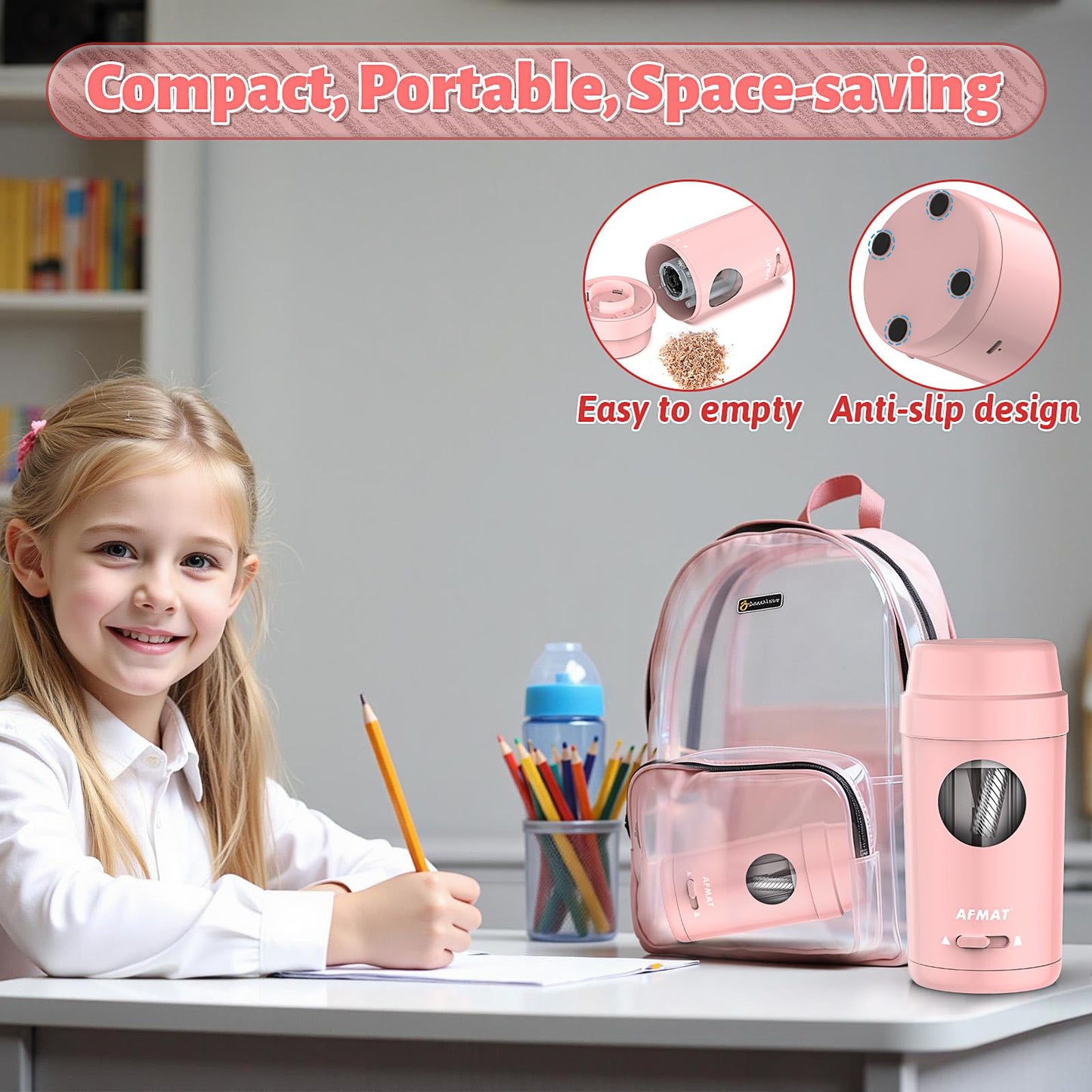 AFMAT Electric Pencil Sharpener, Auto in & Out, Fully Automatic Pencil Sharpener for Colored Pencils, Rechargeable Hands-Free Sharpeners for φ7-8mm Pencils, Good for Classroom/Home PSX8(Black)