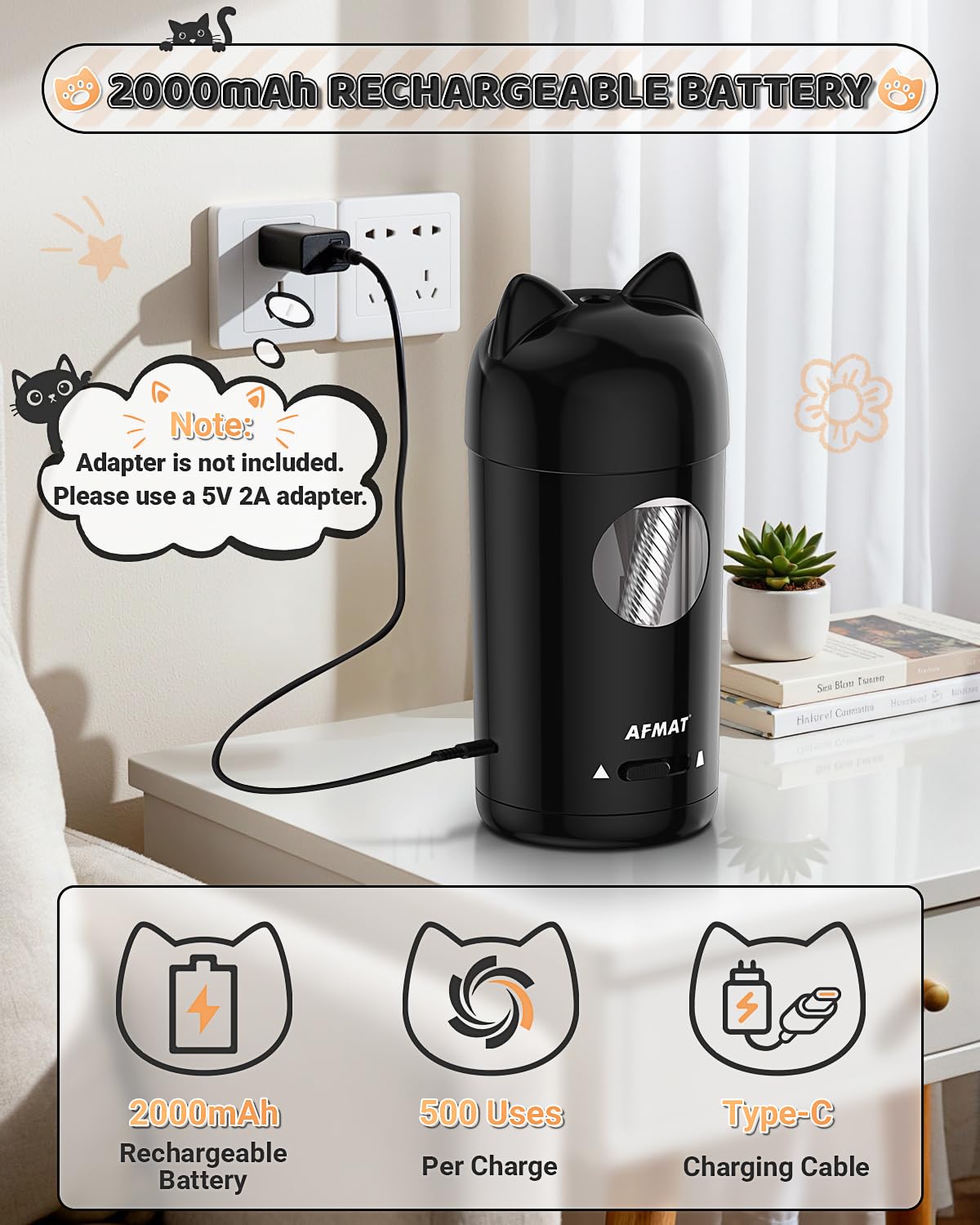 AFMAT PSX9 Cute Cat Electric Fully Automatic Pencil Sharpener for Kids,PSX9PR