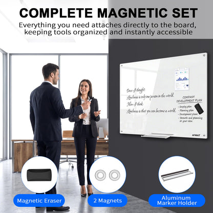 AFMAT Magnetic Glass Whiteboard, 48" x 36" Glass Dry Erase Board, 4mm Tempered Glass w/Strong Magnetic Surface, Large White Board for Wall, Frameless Wall Mounted Black Board for Office Home School,GB04EW1
