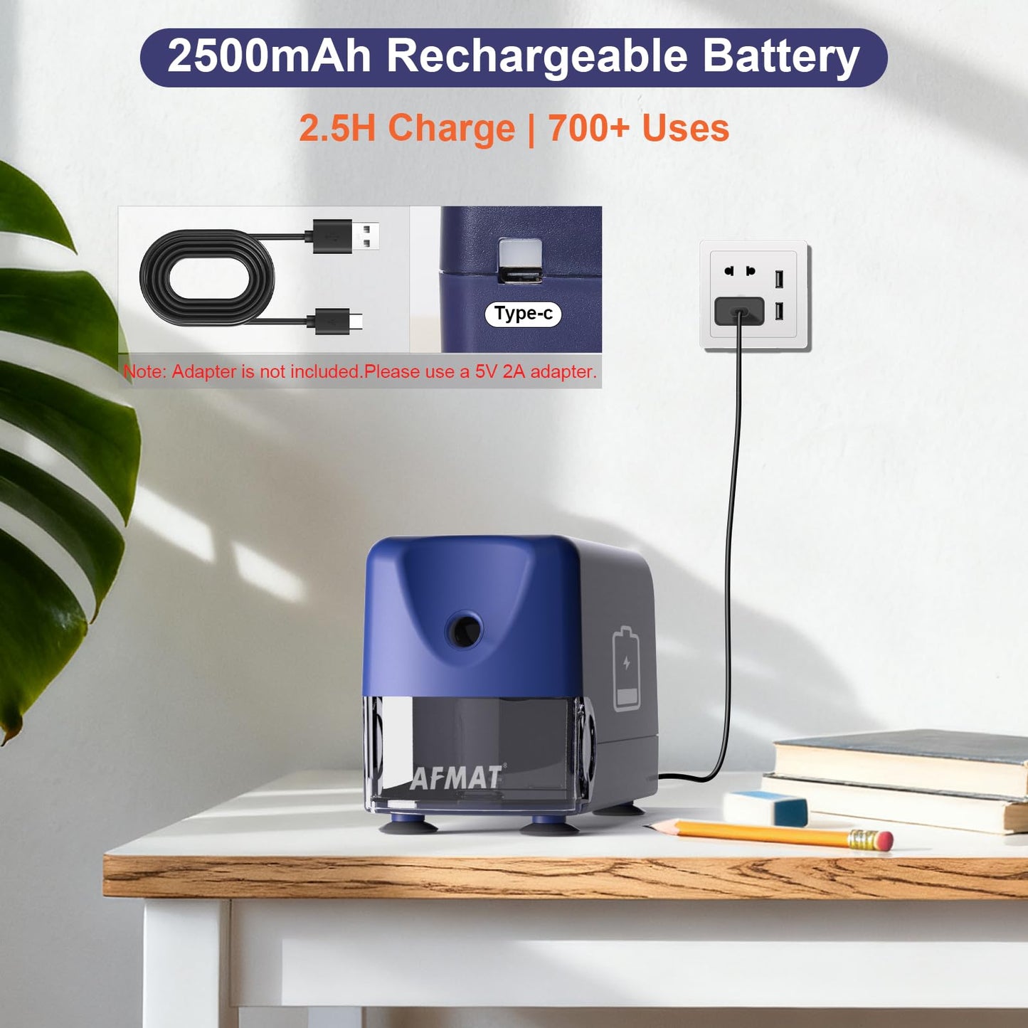 AFMAT PSD3 Super Durable Rechargeable Heavy Duty Electric Pencil Sharpener for 6-10.8mm Pencils,Upgraded Durable Blades 10,000 Sharpenings,PSD3BK