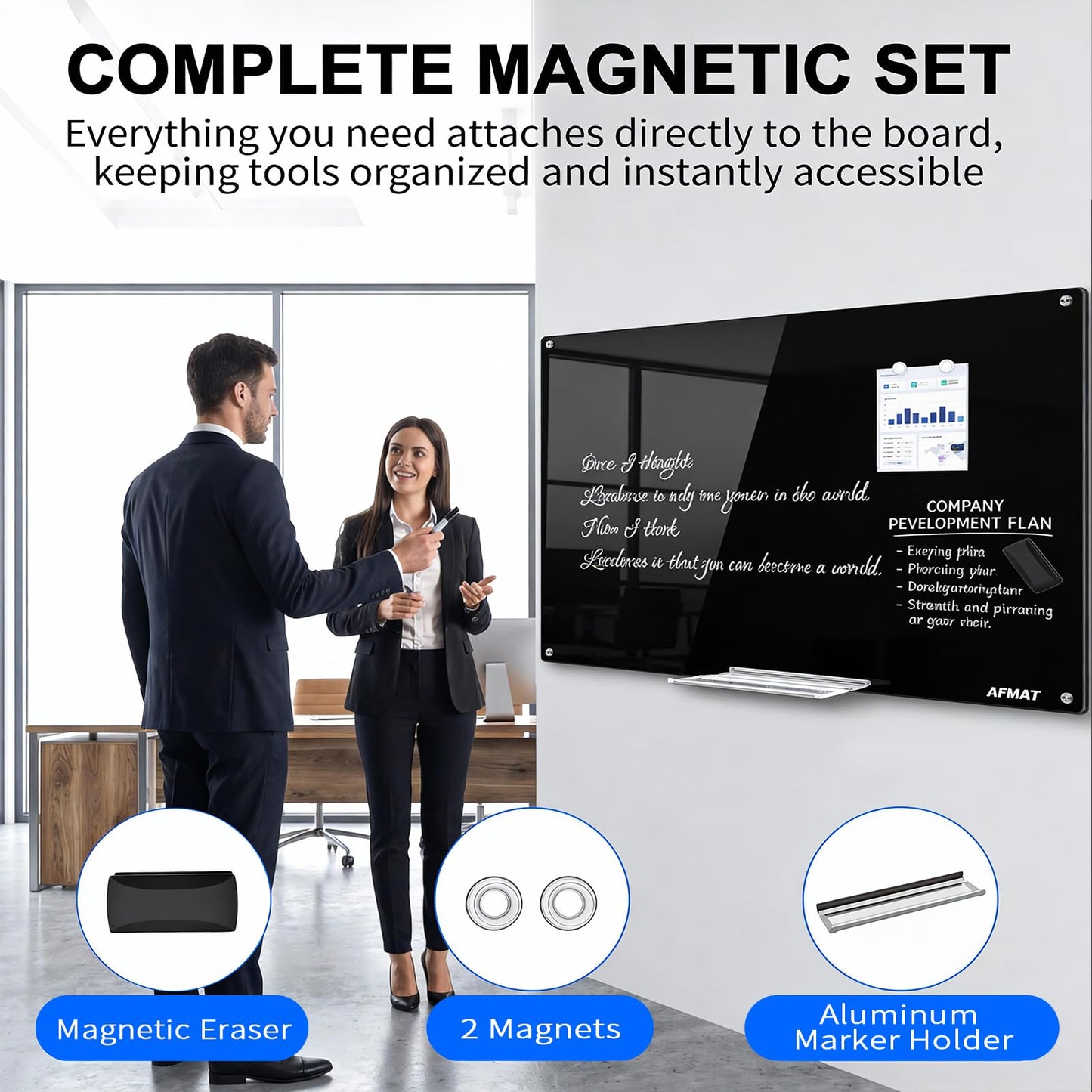 AFMAT Magnetic Glass Whiteboard, 96" x 48" Glass Dry Erase Board, 4mm Tempered Glass w/Strong Magnetic Surface, Large White Board for Wall, Frameless Wall Mounted Black Board for Office Home School