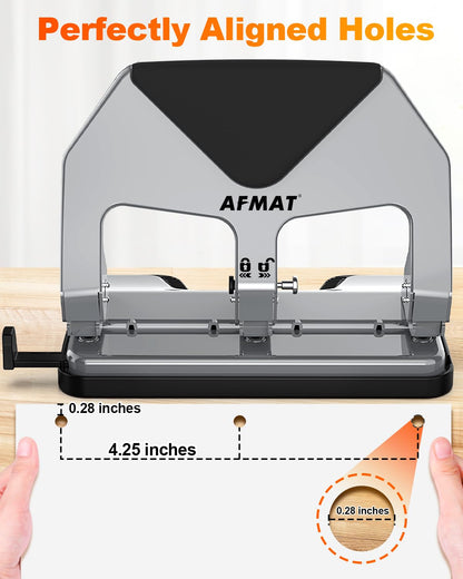 AFMAT HP20 Heavy Duty 3 Hole Punch, 60% Reduced Effort, 50-Sheet 3 Hole Puncher for Binder, 10,000+ Uses, Metal Three Hole Punch for Home Office School, w/Large Chip Tray, Paper Guide(Gray)