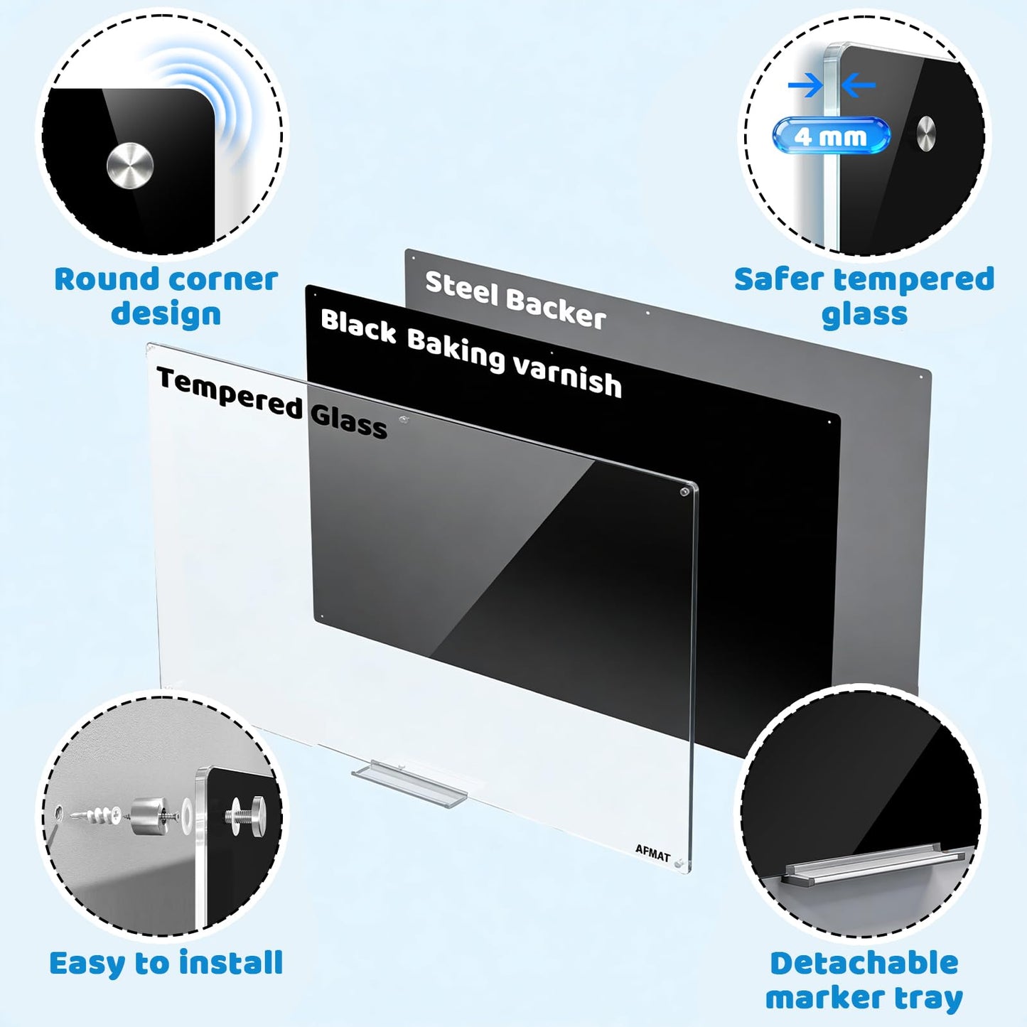 AFMAT Magnetic Glass Dry Erase Board, 72" x 48" Wall Mounted Black Glass Board, GB04BK3