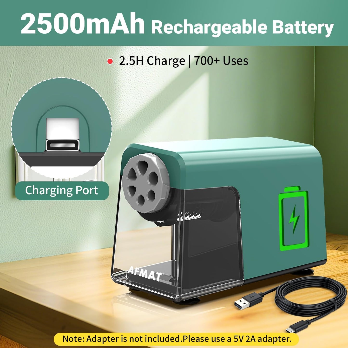 AFMAT 6-Hole Electric Pencil Sharpener Heavy Duty, Auto Stop Classroom Pencil Sharpener for 6-11mm Pencils, Rechargeable Pencil Sharpeners for School, 10,000+ Sharpenings, Save Pencils, Model:PSD1(Purple)