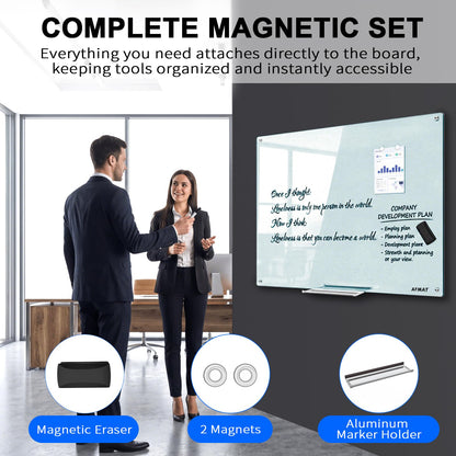 AFMAT Magnetic Glass Whiteboard, 48" x 36" Glass Dry Erase Board, 4mm Tempered Glass w/Strong Magnetic Surface, Large White Board for Wall, Frameless Wall Mounted Black Board for Office Home School,GB04WH1