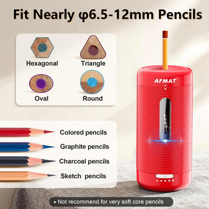 AFMAT PSC2 Electric Fully Automatic Pencil Sharpener, Auto in & Out, Rechargeable Hands-Free Sharpeners for Jumbo & Colored Pencils (6.5-12mm)