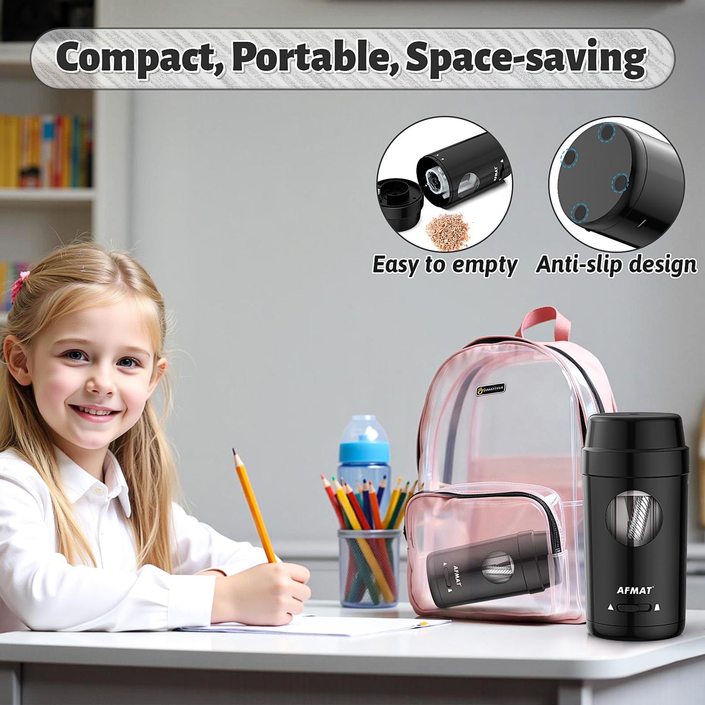 AFMAT Electric Pencil Sharpener, Auto in & Out, Fully Automatic Pencil Sharpener for Colored Pencils, Rechargeable Hands-Free Sharpeners for φ7-8mm Pencils, Good for Classroom/Home PSX8(Black)