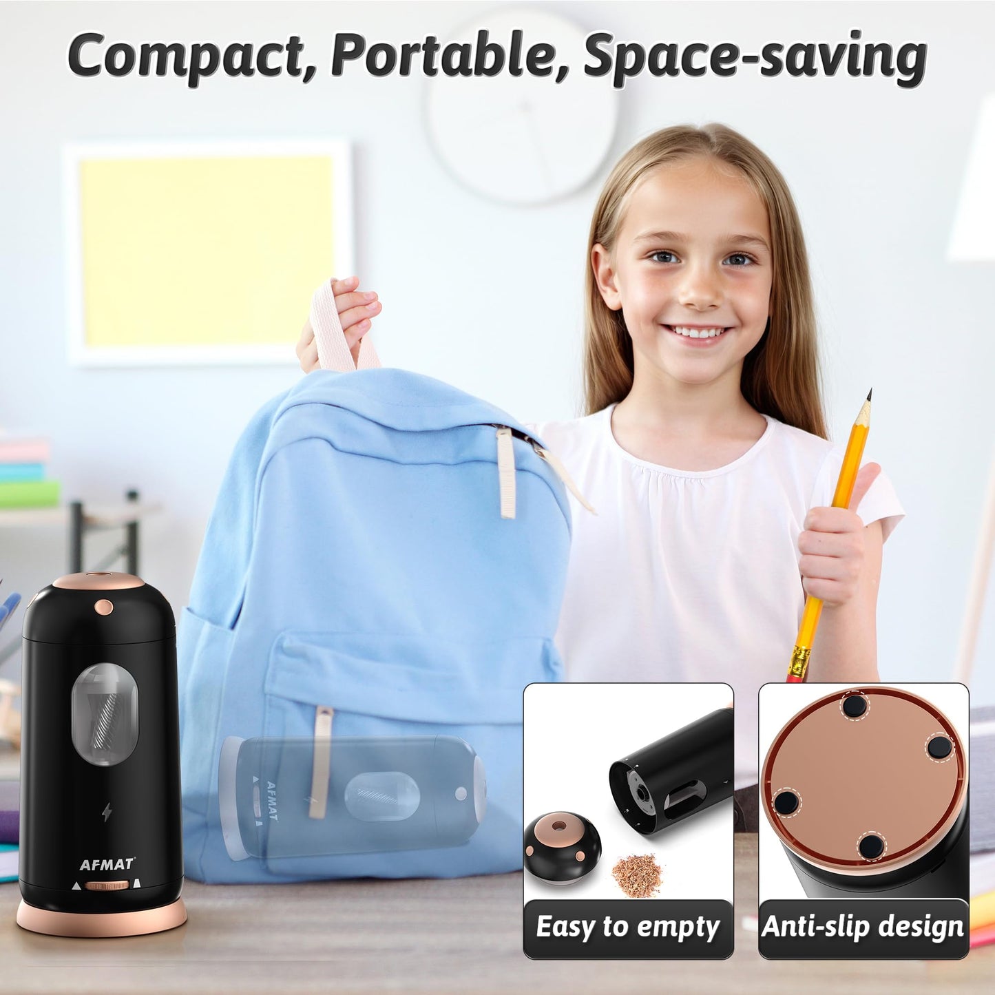 AFMAT Electric Pencil Sharpener, Auto in & Out, Fully Automatic Pencil Sharpener, Rechargeable Hands-Free Sharpeners for Jumbo & Colored Pencils (7-11.5mm), Good for Classroom/Home/Office, Model:PSC8(Black)
