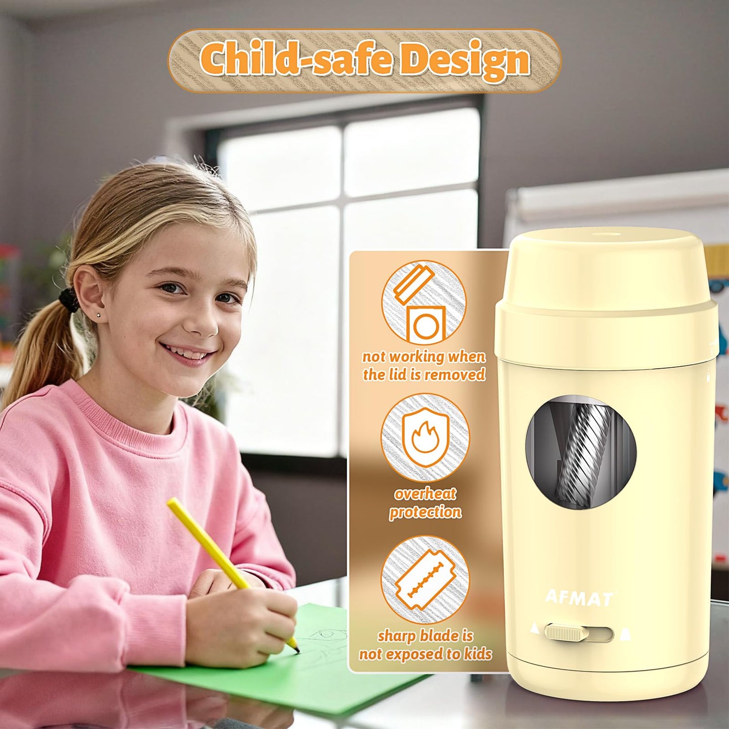 AFMAT Electric Pencil Sharpener, Auto in & Out, Fully Automatic Pencil Sharpener for Colored Pencils, Rechargeable Hands-Free Sharpeners for φ7-8mm Pencils, Good for Classroom/Home PSX8(Black)