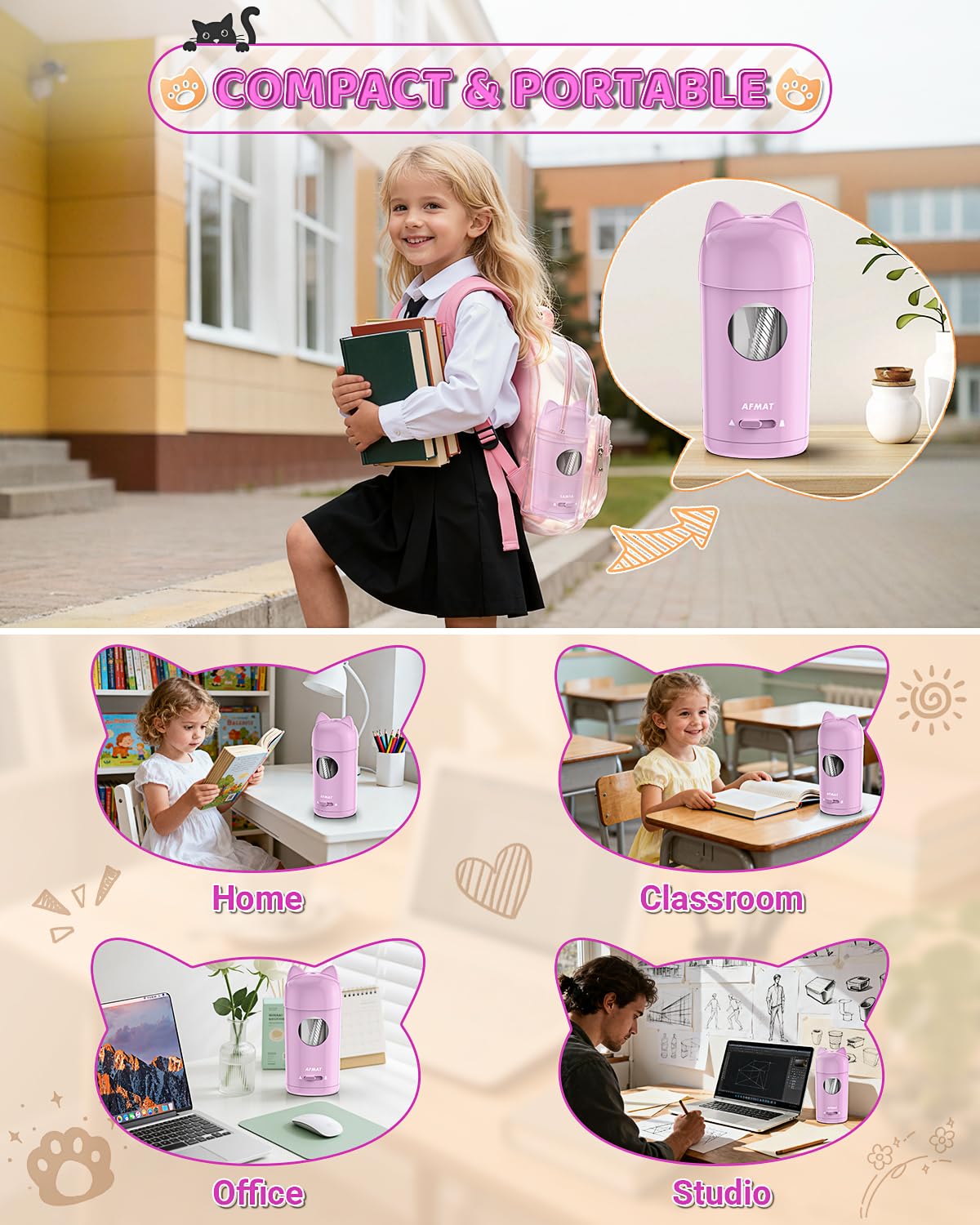 AFMAT PSX9 Cute Cat Electric Fully Automatic Pencil Sharpener for Kids,PSX9PR