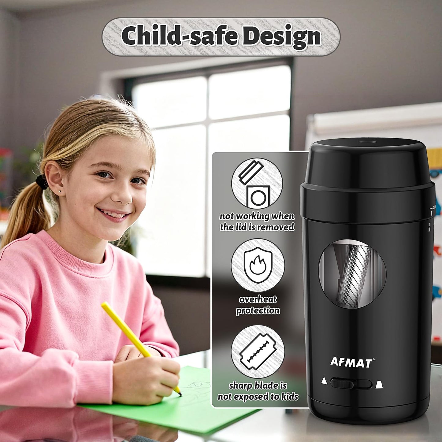 AFMAT Electric Pencil Sharpener, Auto in & Out, Fully Automatic Pencil Sharpener for Colored Pencils, Rechargeable Hands-Free Sharpeners for φ7-8mm Pencils, Good for Classroom/Home PSX8(Black)