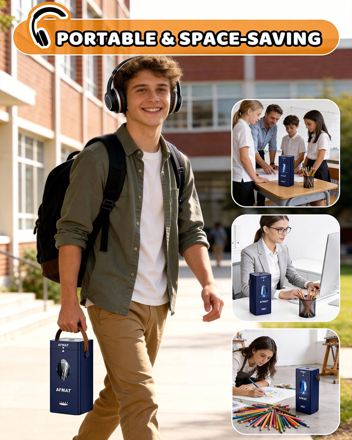 AFMAT Newly Upgraded PSC7 Electric Fully Automatic Pencil Sharpener,3X Longer Cutter Life,for 6-12mm No.2/Jumbo/Colored Pencils Pencils, Auto in & Out, 5 Sharpness Modes, Rechargeable Heavy Duty Sharpeners for Classroom Home Office PSC7RD