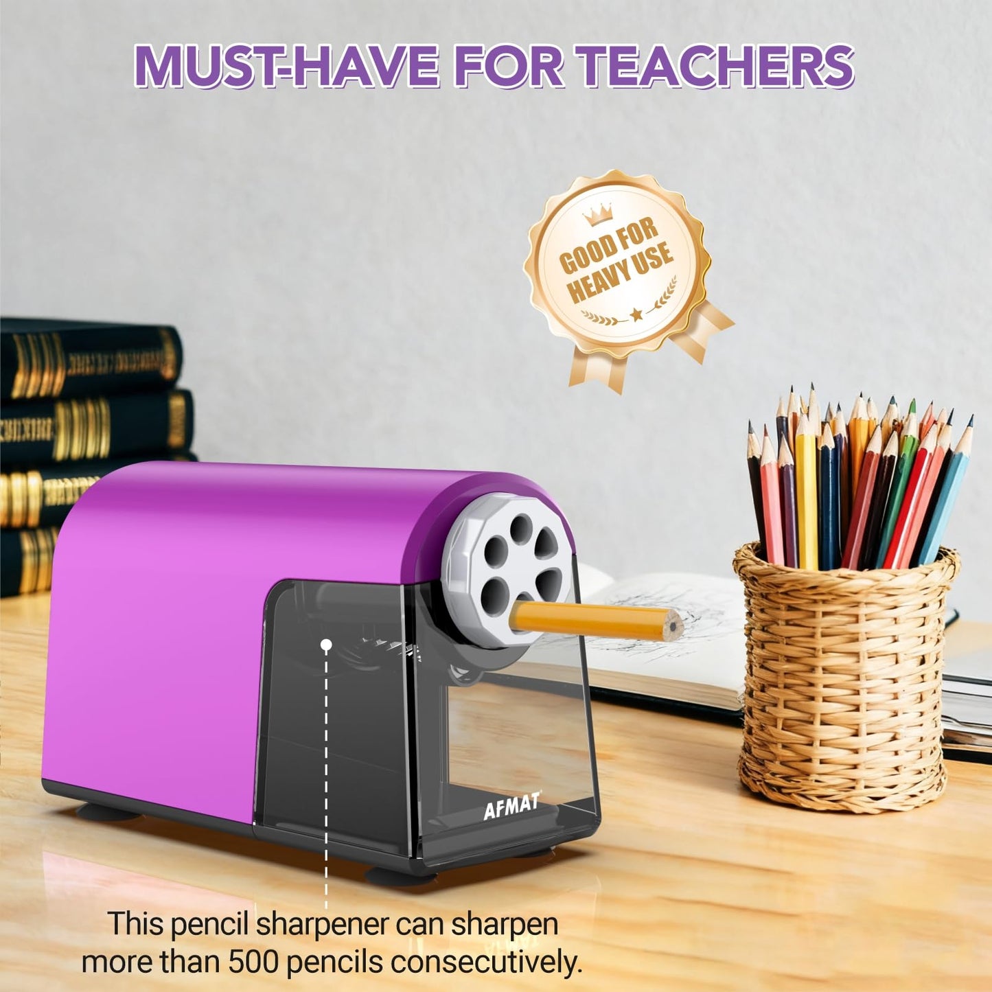 AFMAT 6-Hole Electric Pencil Sharpener Heavy Duty, Fast Sharpen, Auto Stop & Save Pencils, 10000 Sharpening Times, Rechargeable Classroom Pencil Sharpener for 6-11mm No.2/Large/Colored Pencils,Model:PSD2(Purple)