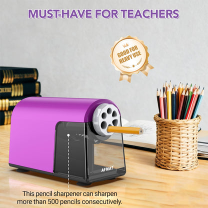 AFMAT 6-Hole Electric Pencil Sharpener Heavy Duty, Fast Sharpen, Auto Stop & Save Pencils, 10000 Sharpening Times, Rechargeable Classroom Pencil Sharpener for 6-11mm No.2/Large/Colored Pencils,Model:PSD2(Purple)