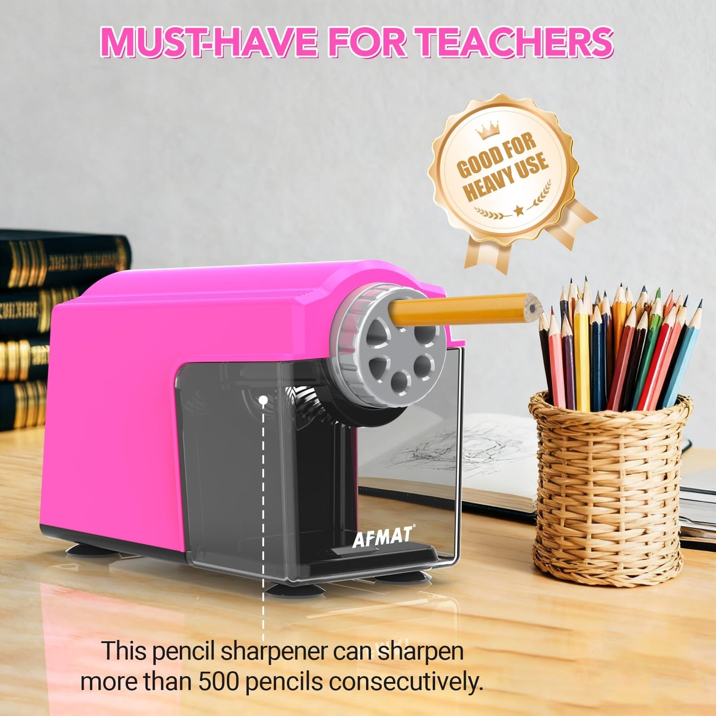 AFMAT Electric Pencil Sharpener Heavy Duty, 6 Holes, Super Fast, Auto Stop & Save Pencils, 10000 Sharpening Times, Rechargeable Classroom Pencil Sharpener for 6-11mm No.2/Large/Colored Pencils, Model:PSD4(Black)
