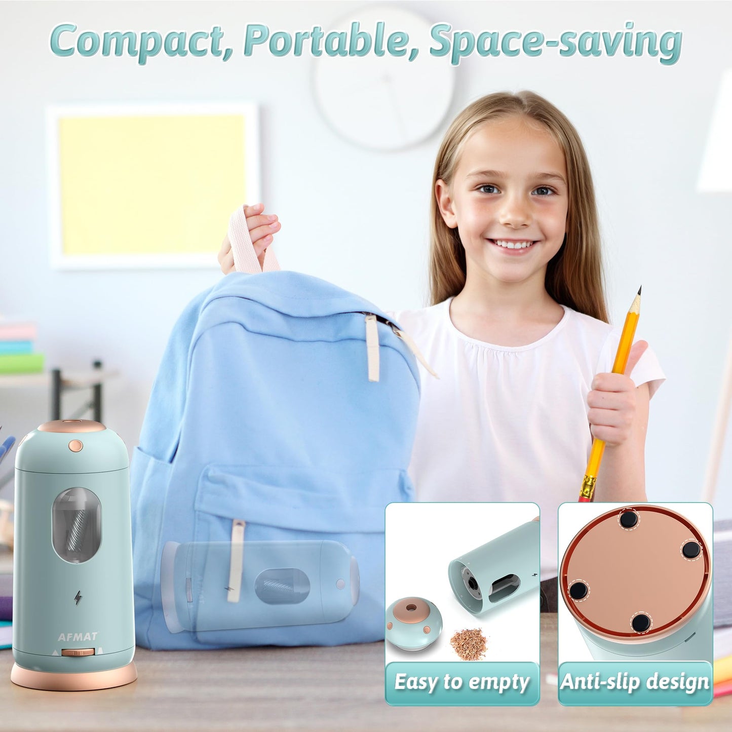 AFMAT Electric Pencil Sharpener, Auto in & Out, Fully Automatic Pencil Sharpener, Rechargeable Hands-Free Sharpeners for Jumbo & Colored Pencils (7-11.5mm), Good for Classroom/Home/Office, Model:PSC8(Black)