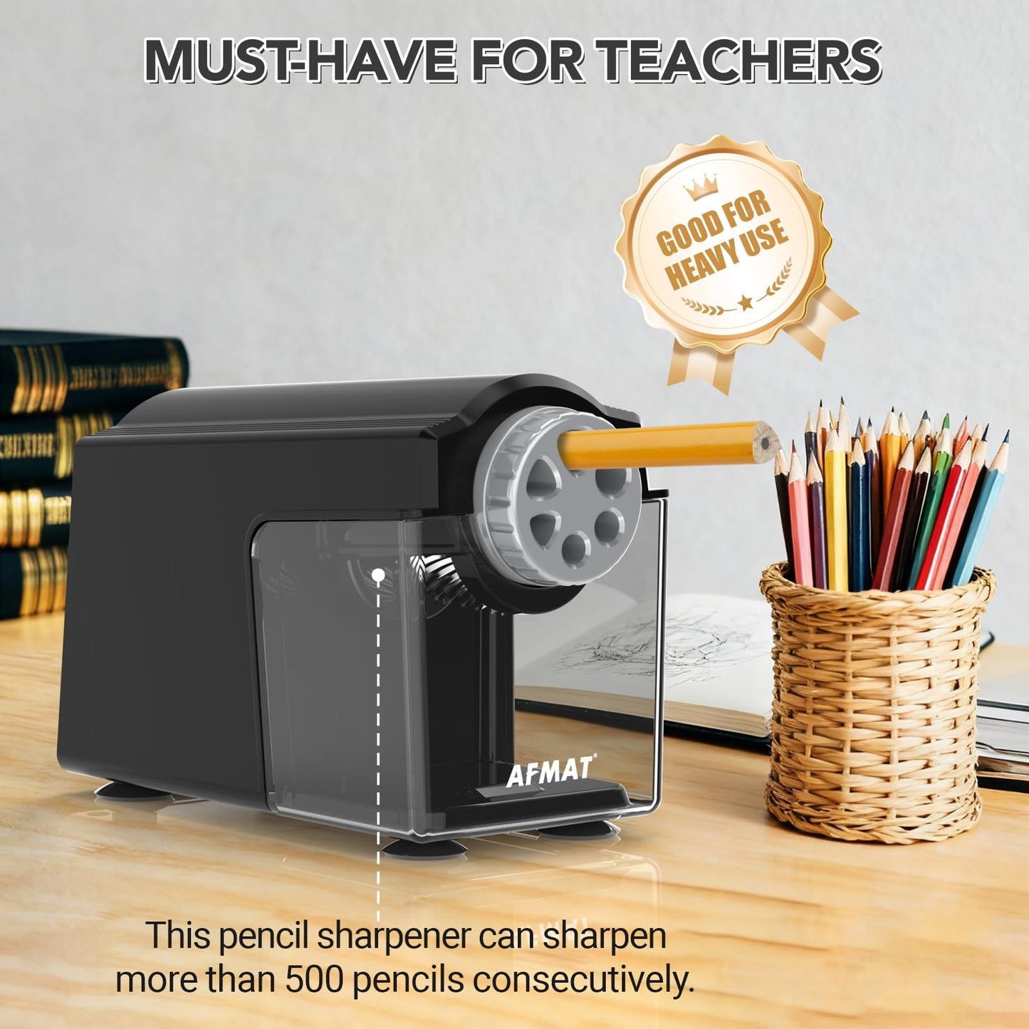 AFMAT Electric Pencil Sharpener Heavy Duty, 6 Holes, Super Fast, Auto Stop & Save Pencils, 10000 Sharpening Times, Rechargeable Classroom Pencil Sharpener for 6-11mm No.2/Large/Colored Pencils, Model:PSD4(Black)