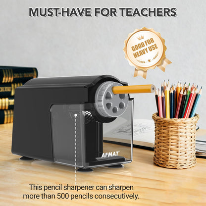 AFMAT Electric Pencil Sharpener Heavy Duty, 6 Holes, Super Fast, Auto Stop & Save Pencils, 10000 Sharpening Times, Rechargeable Classroom Pencil Sharpener for 6-11mm No.2/Large/Colored Pencils, Model:PSD4(Black)