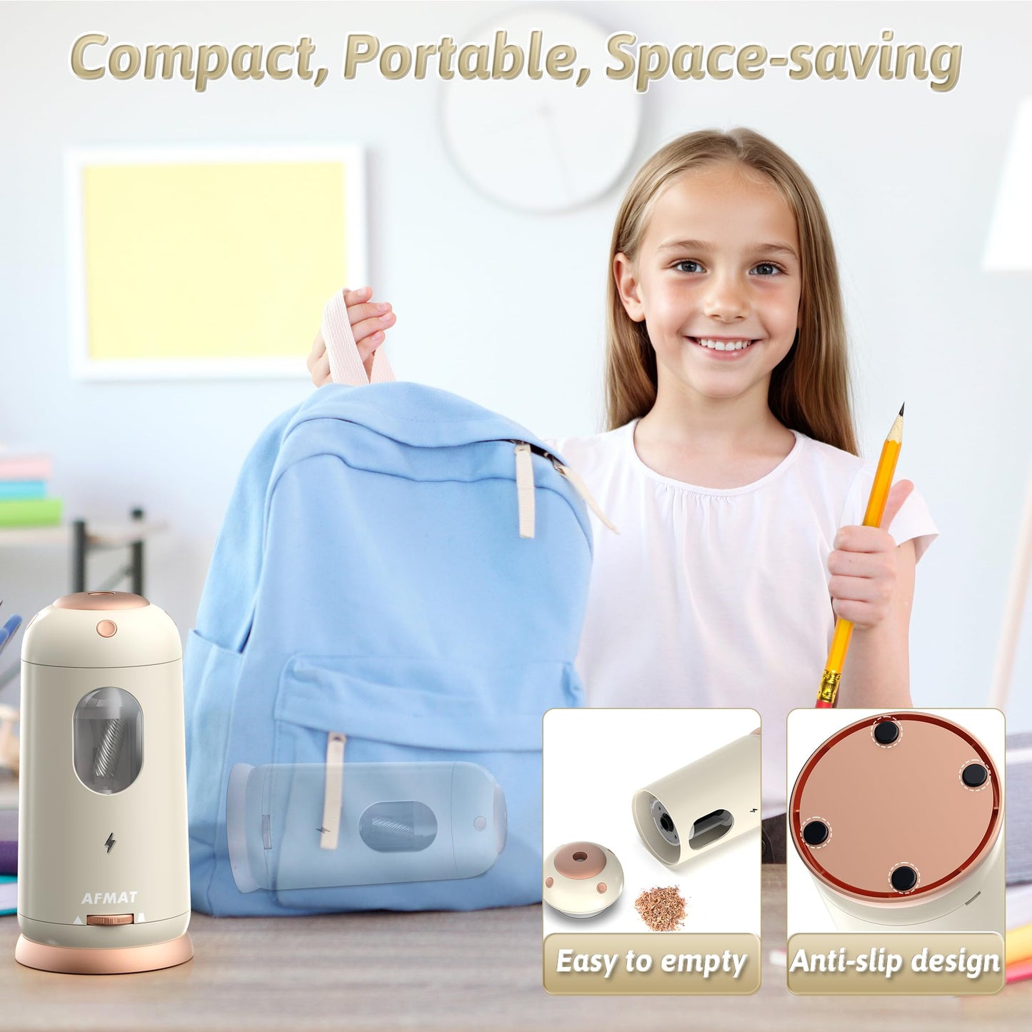 AFMAT Electric Pencil Sharpener, Auto in & Out, Fully Automatic Pencil Sharpener, Rechargeable Hands-Free Sharpeners for Jumbo & Colored Pencils (7-11.5mm), Good for Classroom/Home/Office, Model:PSC8(Black)