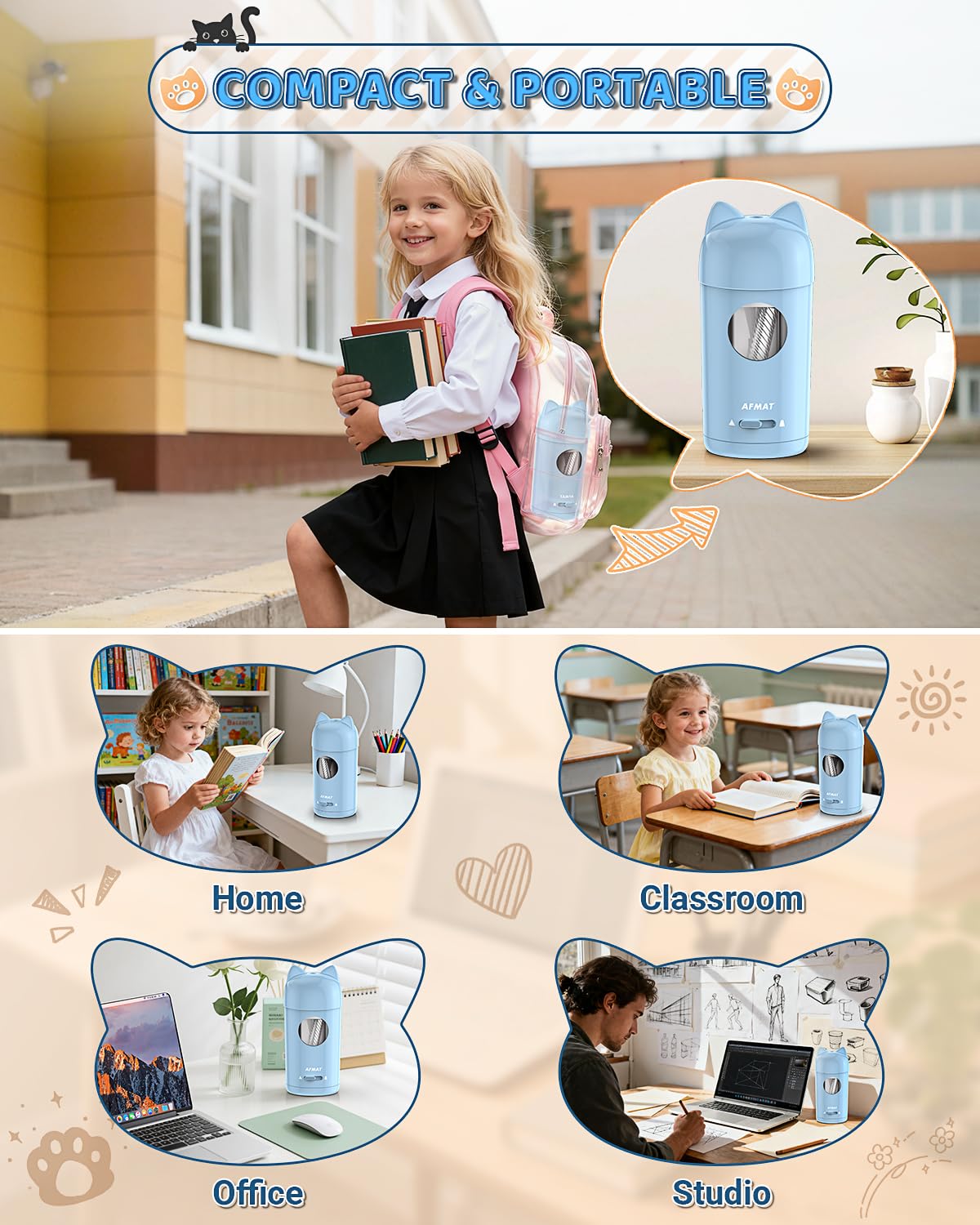 AFMAT PSX9 Cute Cat Electric Fully Automatic Pencil Sharpener for Kids,PSX9PR