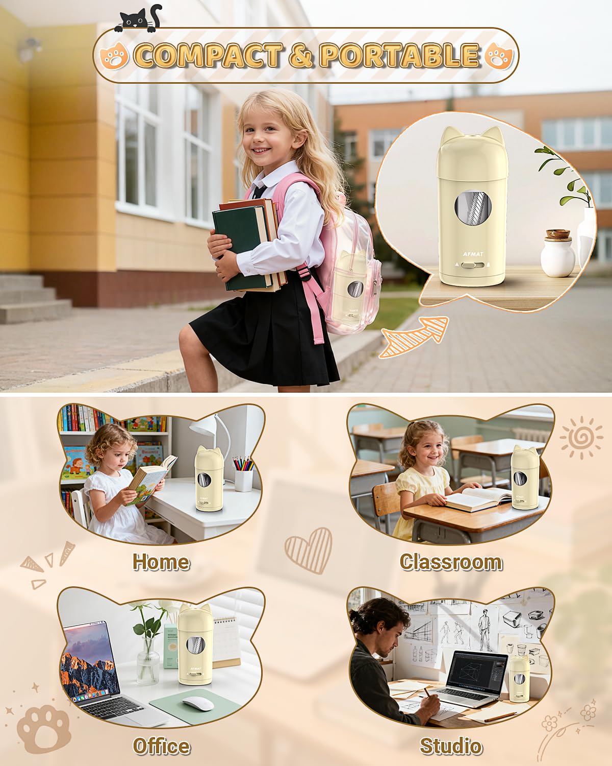 AFMAT PSX9 Cute Cat Electric Fully Automatic Pencil Sharpener for Kids,PSX9PR