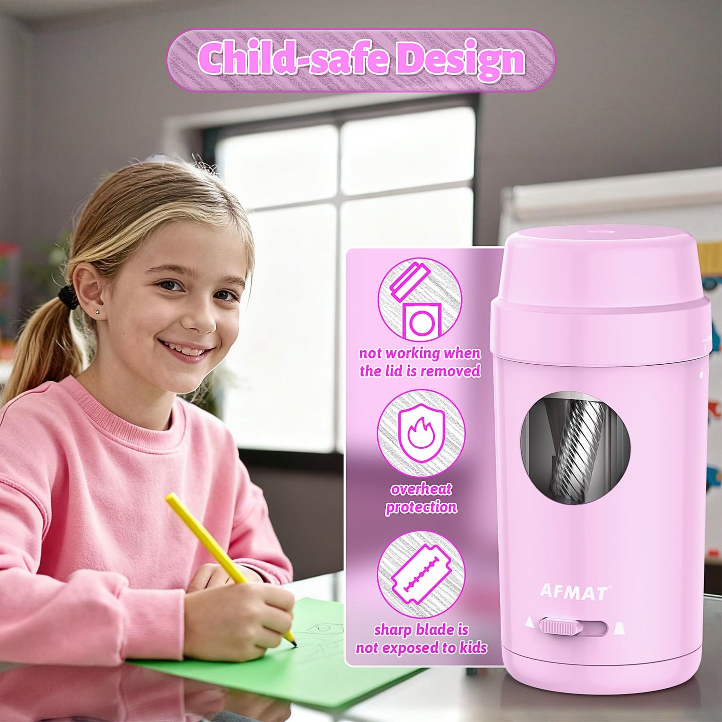 AFMAT Electric Pencil Sharpener, Auto in & Out, Fully Automatic Pencil Sharpener for Colored Pencils, Rechargeable Hands-Free Sharpeners for φ7-8mm Pencils, Good for Classroom/Home PSX8(Black)