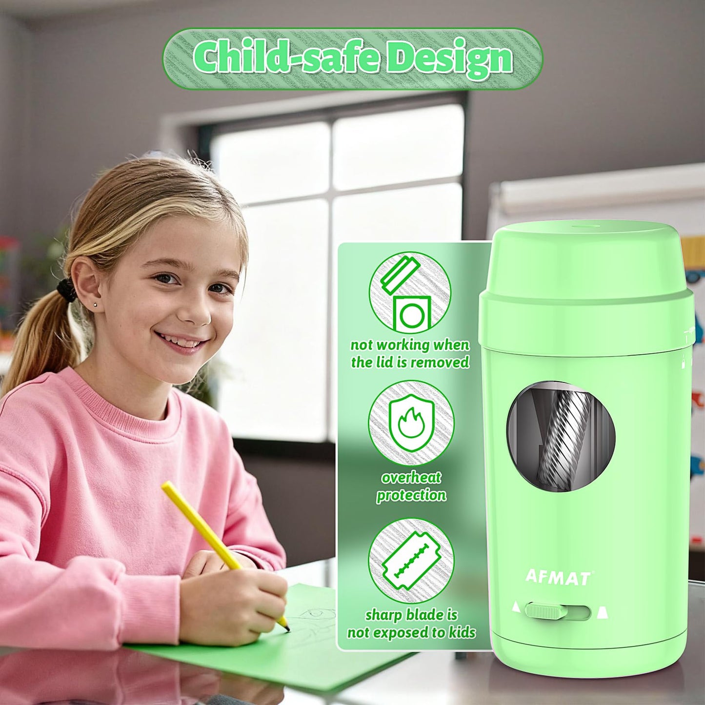 AFMAT Electric Pencil Sharpener, Auto in & Out, Fully Automatic Pencil Sharpener for Colored Pencils, Rechargeable Hands-Free Sharpeners for φ7-8mm Pencils, Good for Classroom/Home PSX8(Black)