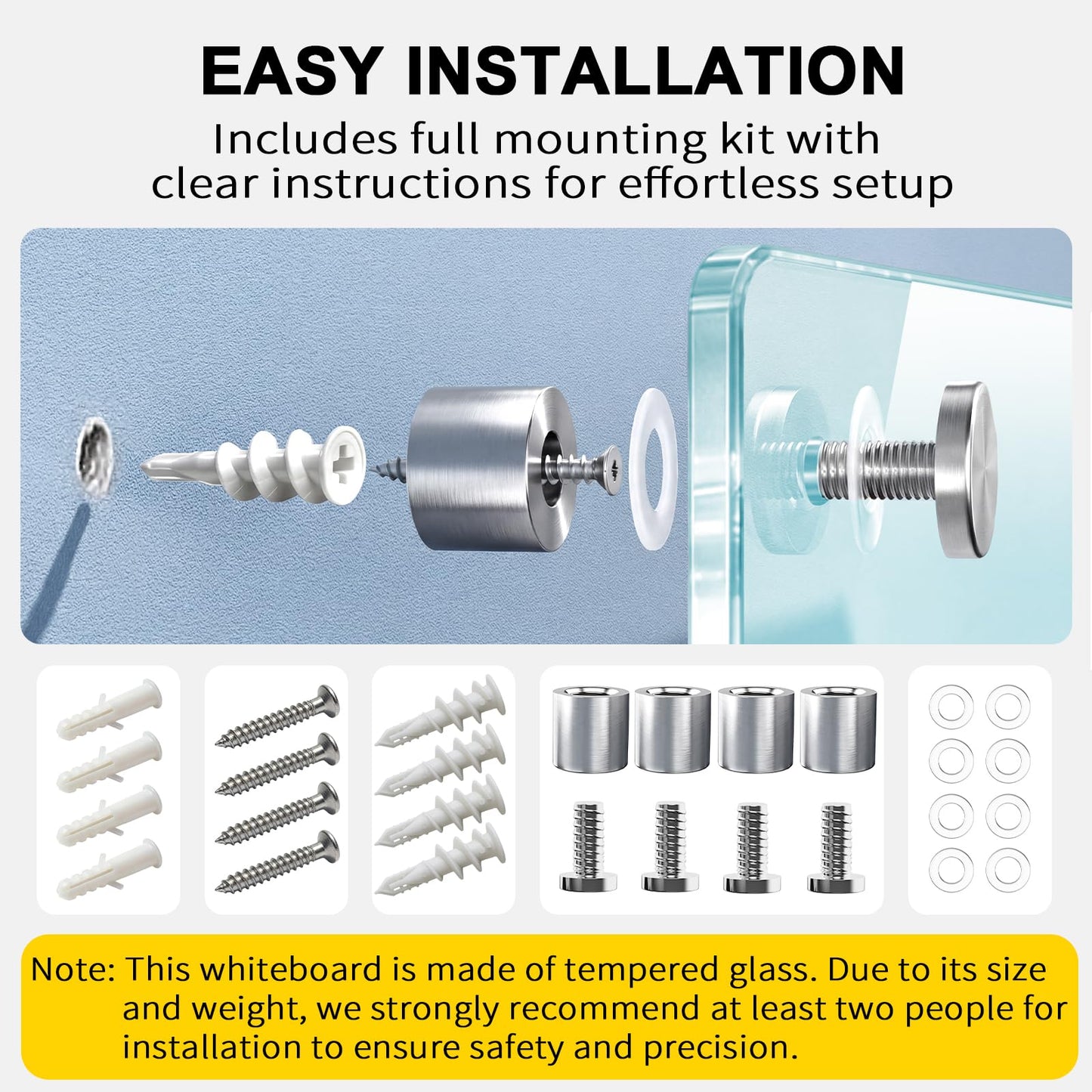 AFMAT Magnetic Glass Whiteboard, 48" x 36" Glass Dry Erase Board, 4mm Tempered Glass w/Strong Magnetic Surface, Large White Board for Wall, Frameless Wall Mounted Black Board for Office Home School,GB04WH1