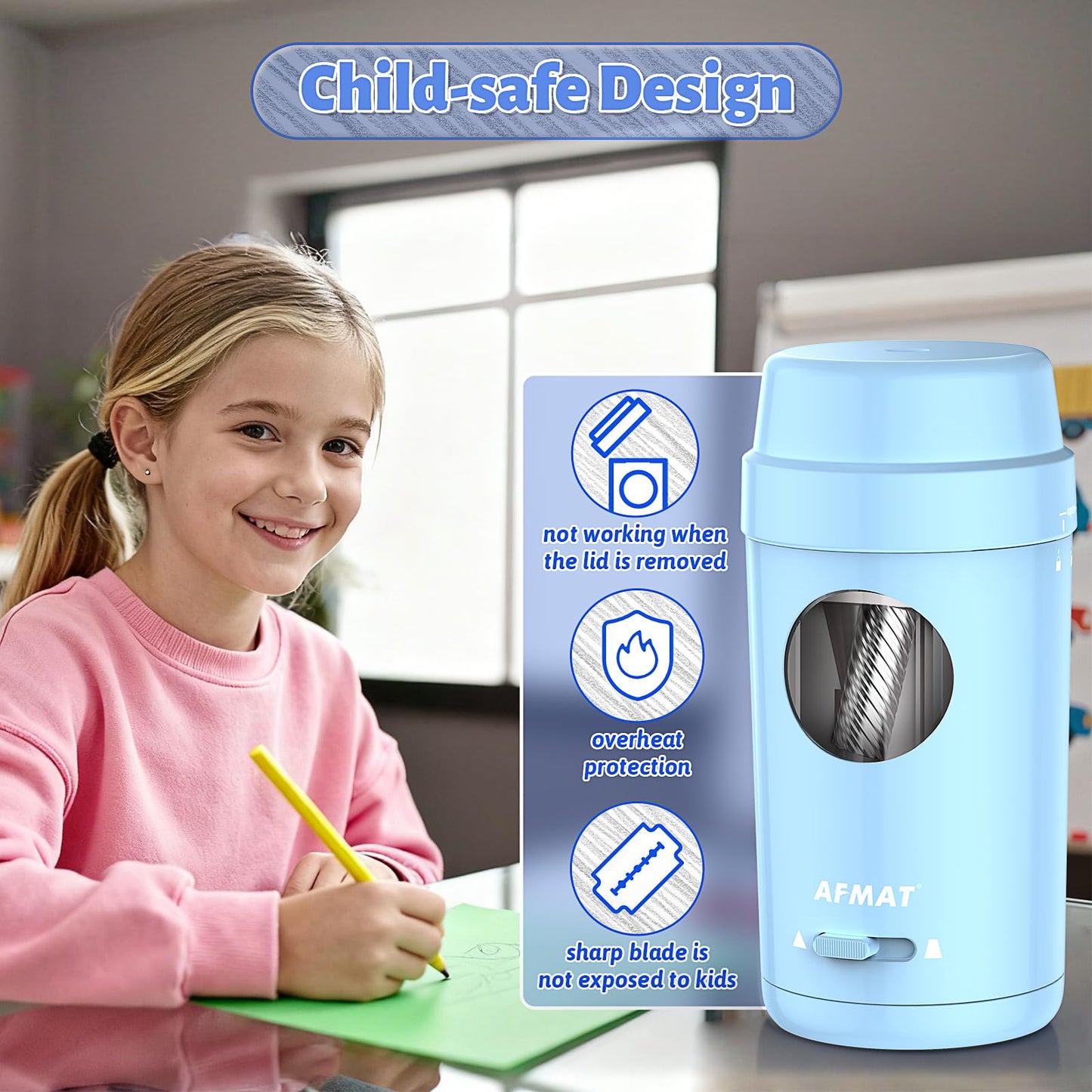 AFMAT Electric Pencil Sharpener, Auto in & Out, Fully Automatic Pencil Sharpener for Colored Pencils, Rechargeable Hands-Free Sharpeners for φ7-8mm Pencils, Good for Classroom/Home PSX8(Black)