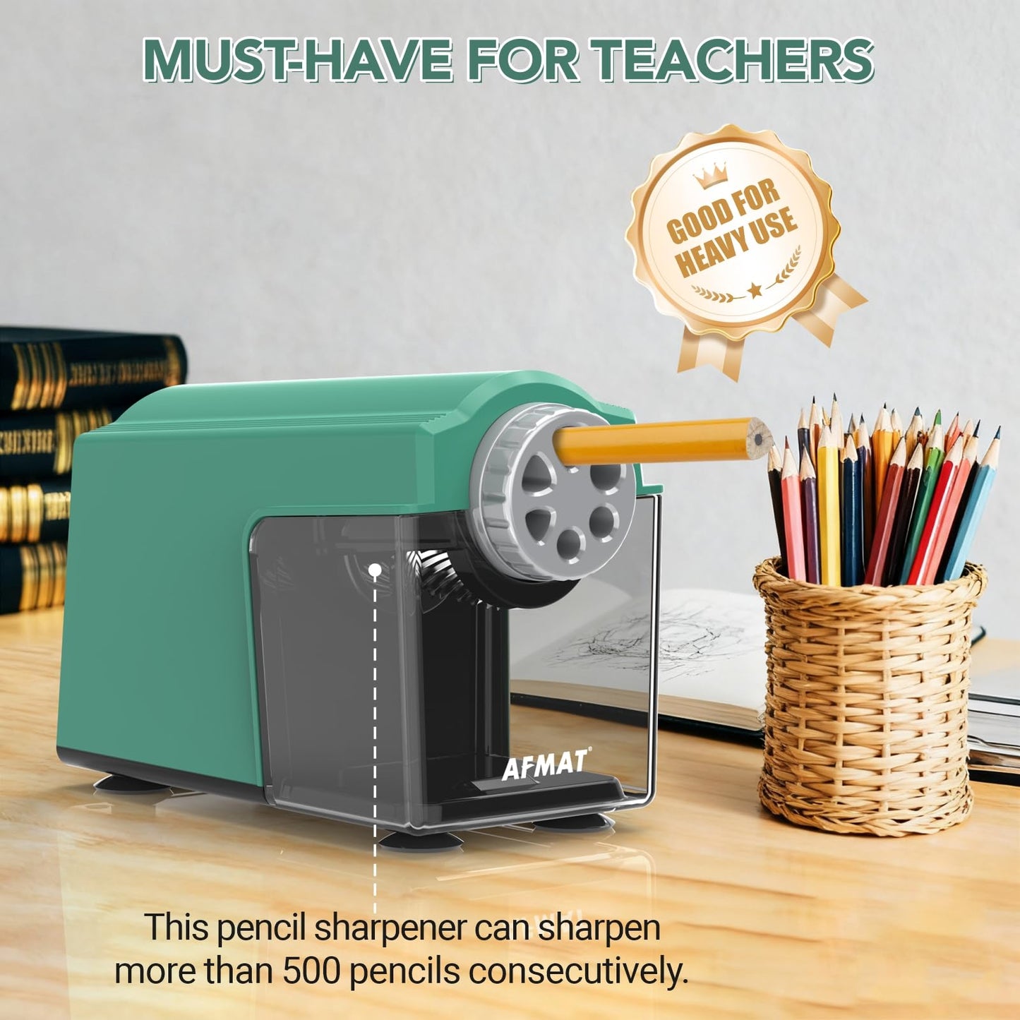 AFMAT Electric Pencil Sharpener Heavy Duty, 6 Holes, Super Fast, Auto Stop & Save Pencils, 10000 Sharpening Times, Rechargeable Classroom Pencil Sharpener for 6-11mm No.2/Large/Colored Pencils, Model:PSD4(Black)