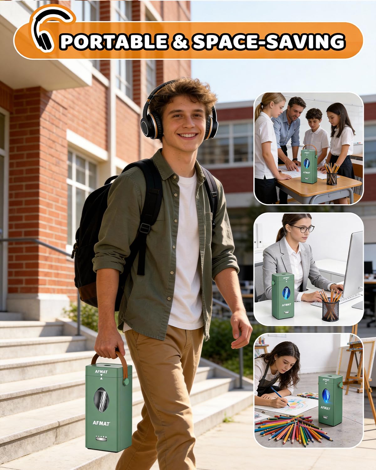 AFMAT Newly Upgraded PSC7 Electric Fully Automatic Pencil Sharpener,3X Longer Cutter Life,for 6-12mm No.2/Jumbo/Colored Pencils Pencils, Auto in & Out, 5 Sharpness Modes, Rechargeable Heavy Duty Sharpeners for Classroom Home Office PSC7RD