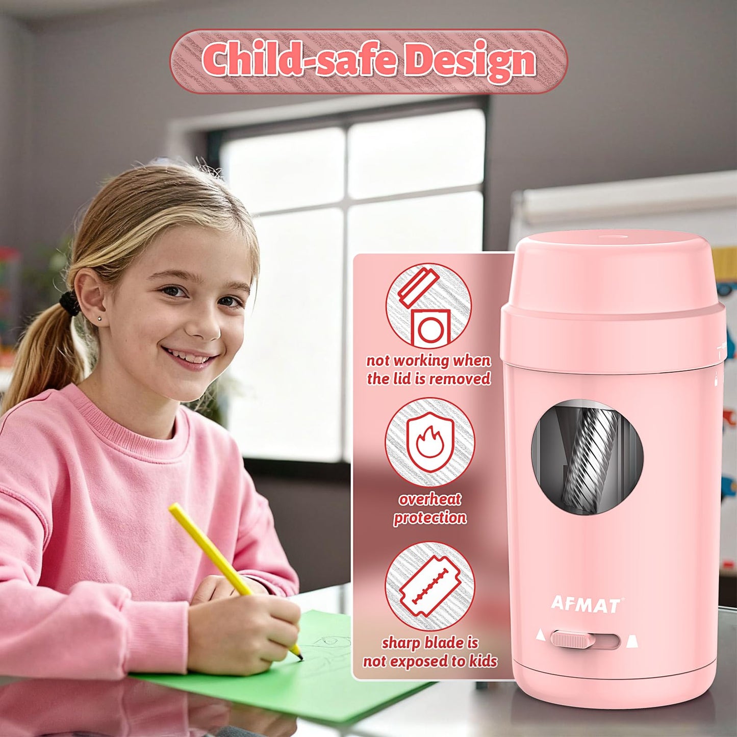 AFMAT Electric Pencil Sharpener, Auto in & Out, Fully Automatic Pencil Sharpener for Colored Pencils, Rechargeable Hands-Free Sharpeners for φ7-8mm Pencils, Good for Classroom/Home PSX8(Black)