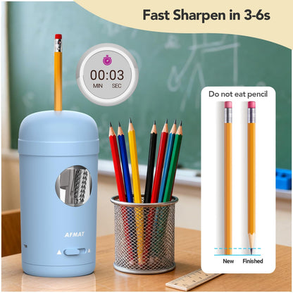 AFMAT PSX7 Electric Pencil Sharpener, Fully Automatic Pencil Sharpener for 7-8mm Pencils & Colored Pencils, Auto in & Out, Rechargeable Vertical Hands-Free Sharpeners for Classroom/Home/Office (Black)