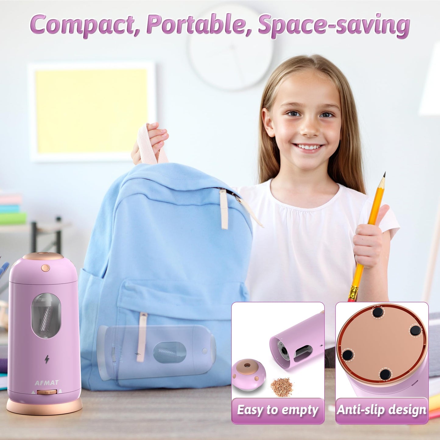 AFMAT Electric Pencil Sharpener, Auto in & Out, Fully Automatic Pencil Sharpener, Rechargeable Hands-Free Sharpeners for Jumbo & Colored Pencils (7-11.5mm), Good for Classroom/Home/Office, Model:PSC8(Black)