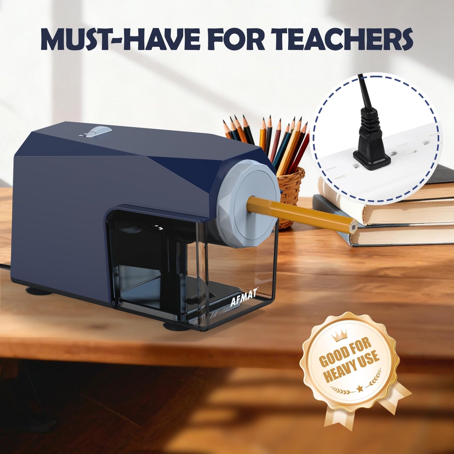 AFMAT Newly Upgraded PSC4 6.5-10.5mm Super Durable Heavy Duty Fully Automatic Pencil Sharpener, 3X Longer Cutter Life,Auto in & Out, 5 Sharpness Modes, Hands-Free Sharpeners for No.2/Jumbo/Colored Pencils (φ6.5-10.5mm),PSC4BL