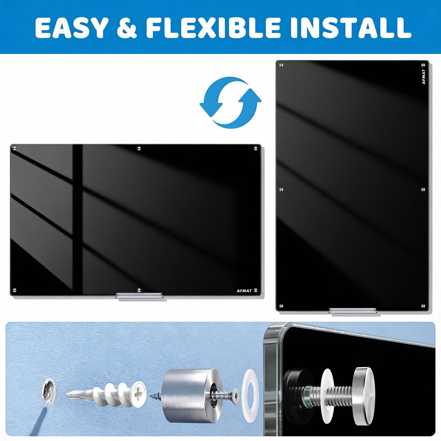 AFMAT Magnetic Glass Dry Erase Board, 72" x 48" Wall Mounted Black Glass Board, GB04BK3