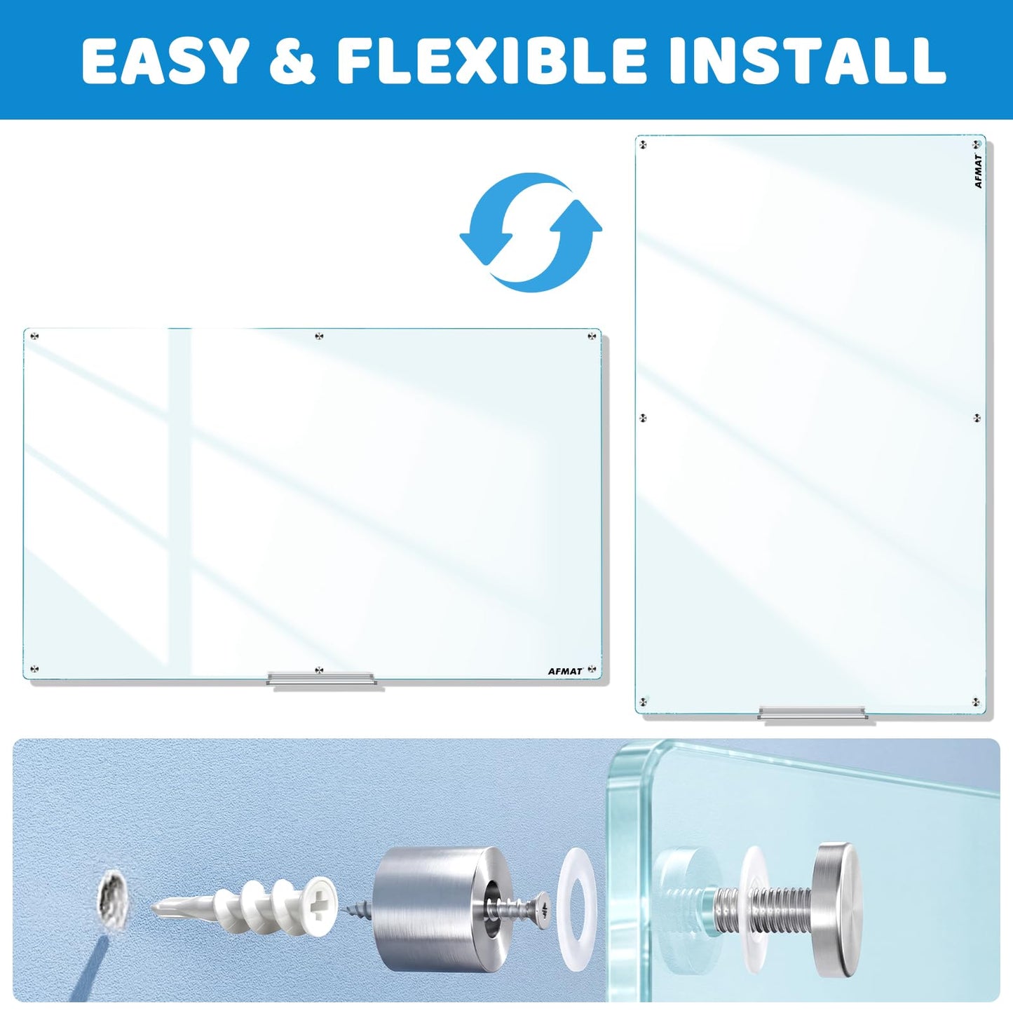 AFMAT Magnetic Glass Dry Erase Board, 72" x 48" Glass Wall Mounted Whiteboard, GB04WH3